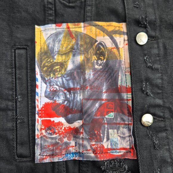 KLEEP Black Distressed Graphic Denim Statement Jacket Mens size S - Picture 4 of 9